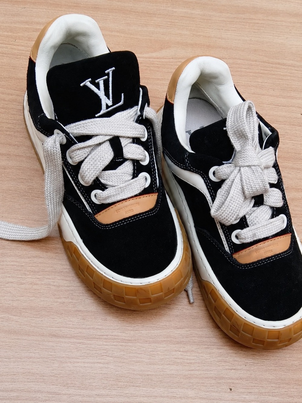 Louis Vuitton Kids Black Suede Sneakers with Gum and White Accents